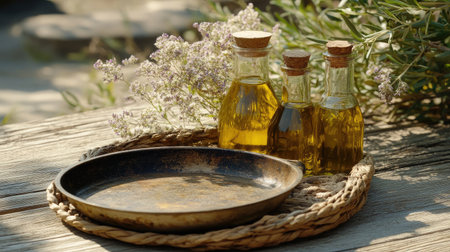 A serene outdoor setting showcases three glass bottles of olive oil surrounded by aromatic herbs. This rustic display exudes natural beauty and culinary inspiration.の素材