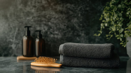 Discover a tranquil spa ambiance with soft towels, a natural hair brush, and elegant glass bottles, ideal for promoting relaxation and self-care routines.の素材