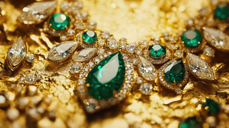 Stunning close-up of exquisite jewelry showcasing diamonds and emeralds against a gold backdrop, highlighting intricate craftsmanship and vibrant colors in a luxurious setting.の素材