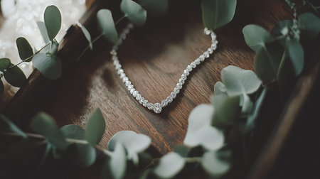 A stunning close-up image of an elegant necklace resting on a wooden tray, surrounded by lush greenery, ideal for showcasing luxury and nature-inspired themes in photography.の素材