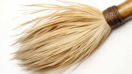 This image features a close-up of a natural fiber broom brush with long, soft strands against a white background, ideal for cleaning tasks and creative projects.の素材