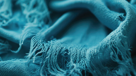 Close-up view of a soft turquoise fabric with frayed edges, showcasing rich texture and color, ideal for creative projects, home decor, and fashion ideas.の素材