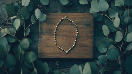 An elegant gold beaded bracelet featuring a sparkling charm, beautifully placed on a rustic wooden tray with fresh eucalyptus leaves, creating a stunning and serene visual.の素材