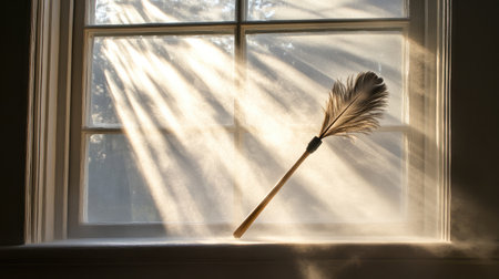 Beautiful sunlight shines through a window, illuminating a feather duster resting on a sill, creating a serene atmosphere filled with floating dust particles and calming warmth.の素材