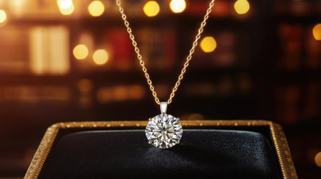 A captivating image showcasing a dazzling diamond pendant on a gold chain, beautifully illuminated by warm bokeh lights, ideal for luxury jewelry themes.の素材