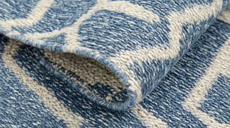 Soft and stylish blue and white area rug featuring a geometric pattern. Perfect for enhancing the comfort and elegance of modern home interiors. Ideal for any living space.の素材