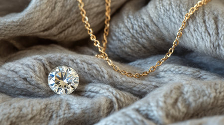 A stunning round diamond pendant rests on a soft gray knit fabric, adorned with a delicate golden chain, creating a visually appealing luxury jewelry display.の素材