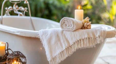 Experience a tranquil home spa atmosphere with a cozy bathtub, soft towels, and flickering candles, perfect for relaxation and rejuvenation. Ideal for wellness enthusiasts.の素材