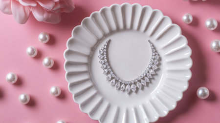 Stunning silver necklace arranged artfully on a white plate, surrounded by delicate pearls. The soft pink background adds a touch of elegance and femininity, ideal for showcasing luxurious jewelry.の素材