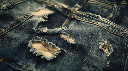 This close-up image features distressed denim fabric with prominent rips and faded patches, ideal for showcasing fashion trends and textile designs.の素材