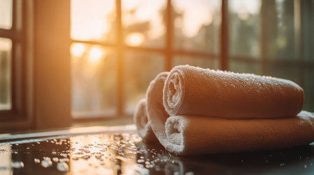 Neatly arranged soft towels glisten with droplets on a bathroom counter, illuminated by warm sunlight streaming through a window, creating a tranquil and cozy atmosphere.の素材
