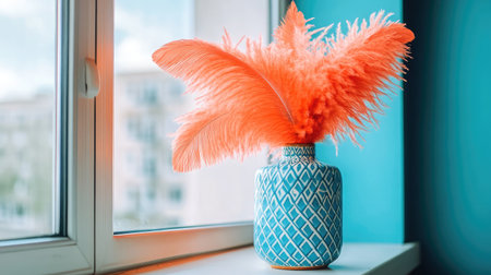 A captivating blue vase filled with bold orange feathers placed on a windowsill, bringing color and charm to a bright living space, enhancing the overall decor.の素材