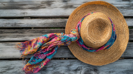 A charming straw hat adorned with a vibrant scarf rests on a rustic wooden surface, capturing the essence of summer fashion and outdoor leisure. Ideal for lifestyle imagery.の素材