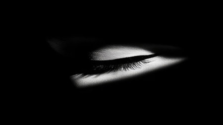 A striking black and white close-up of a delicate eye with long eyelashes set against a dark background, creating a captivating visual of elegance and mystery.の素材