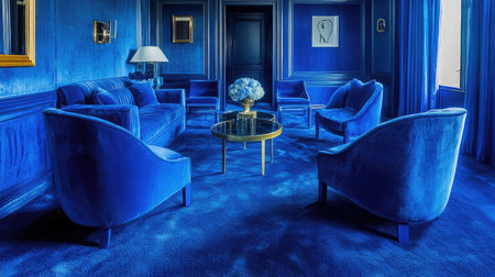 Experience the charm of this luxurious blue interior featuring elegant velvet furniture and a stylish atmosphere, perfect for relaxation or gatherings.の素材
