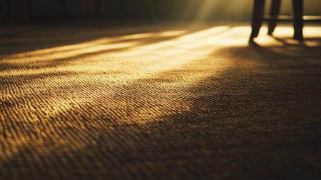 Soft morning light gently illuminates a textured carpet, creating warm shadows and inviting ambiance within a cozy interior space, perfect for relaxation.の素材