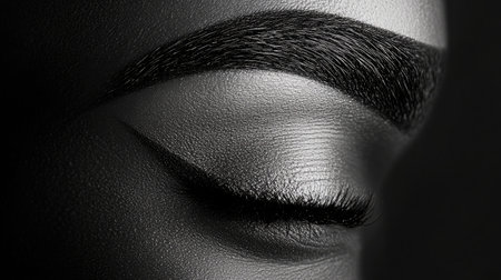 A striking close-up photograph highlighting an artistic eyeliner design, perfectly sculpted brow, and lush eyelashes, all set against a dark, minimalist background.の素材