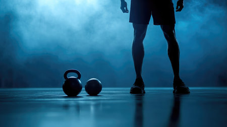 A dramatic silhouette of a fitness enthusiast stands beside kettlebells in a dimly lit gym, creating a mysterious and motivating atmosphere perfect for workout inspiration.の素材