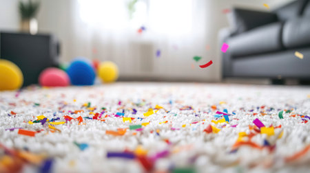 Festive scene featuring colorful confetti scattered on a white carpet in a modern living room, creating a joyful atmosphere perfect for celebrations and happy gatherings.の素材