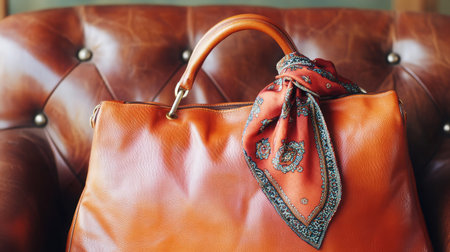 A stylish leather handbag with a decorative scarf exudes elegance while resting on a vintage armchair, perfect for fashion and lifestyle themes in photography.の素材