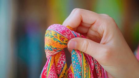 A vibrant close-up image of a hand grasping a beautifully patterned scarf, showcasing intricate designs and bright colors ideal for fashion and textile presentations.の素材