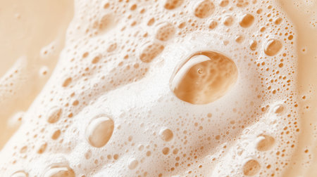 This close-up image showcases the intricate textures of coffee foam with droplets and bubbles, highlighting the creamy surface and inviting colors of a delightful beverage.の素材