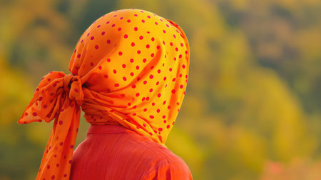 A captivating portrait of a woman wearing an orange polka dot scarf, set against a blurred autumn landscape, highlighting vibrant colors and cultural beauty in a serene outdoor environment.の素材
