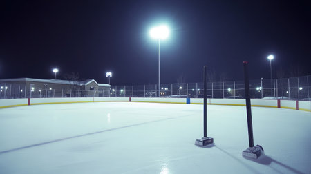 A tranquil nighttime view of an empty ice hockey rink, illuminated by bright floodlights, showcasing the smooth surface and surrounding benches, ideal for winter-themed photography.の素材