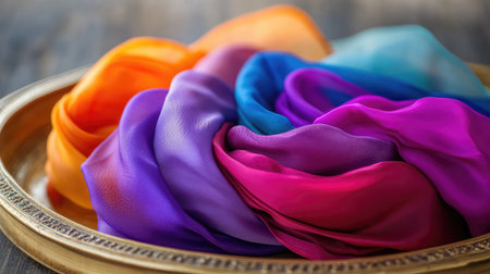 A visually striking arrangement of vibrant silk scarves in various colors lies elegantly on a decorative golden plate, showcasing their rich textures and hues.の素材