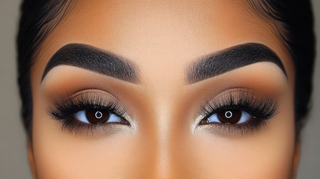 This close-up image showcases a mesmerizing pair of eyes, highlighting exquisite makeup details with beautifully defined brows and long lashes for beauty and fashion inspirations.の素材