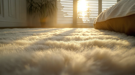 A serene bedroom scene featuring a soft plush carpet bathed in warm morning sunlight filtering through shuttered windows, creating a cozy and inviting atmosphere.の素材