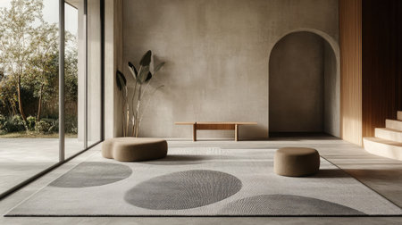 A minimalist living room showcases modern furniture, soft textures, and earthy tones while inviting natural light, creating a serene and stylish atmosphere for relaxation and comfort.の素材