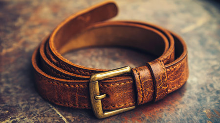 A vintage brown leather belt featuring detailed stitching and a classic buckle, resting on a rustic surface, ideal for fashion photography and accessory showcases.の素材