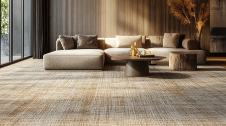 Modern living room showcasing a cozy sofa, stylish coffee table, and natural light, creating an inviting atmosphere with warm colors and elegant textures.の素材