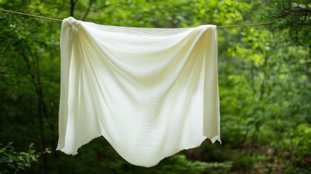 A soft white fabric elegantly drapes between trees in a vibrant green forest, creating a peaceful scene that captures the essence of nature and tranquility.の素材