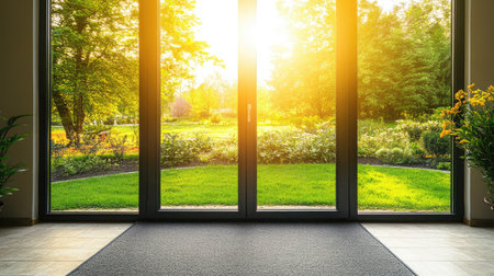 A stunning view of a sunrise streaming through large glass doors, illuminating a modern interior while highlighting the vibrant greenery and flowers outside in a serene environment.の素材