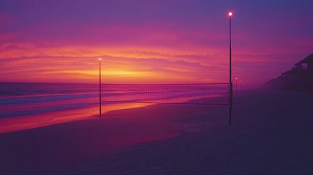 Experience the beauty of a tranquil beach at sunset, where gentle waves kiss the shore under a stunning sky adorned with purple and pink hues.の素材