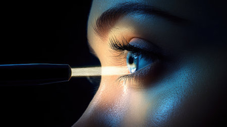 A dramatic close-up view of an eye being examined with a light source, revealing intricate details of the iris and eyelashes against a dark backdrop.の素材
