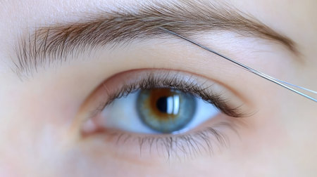 This close-up image features a woman's eye and eyebrow during the threading process, showcasing intricate details in beauty care and personal grooming techniques.の素材