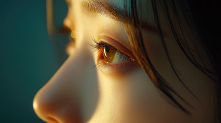 A stunning close-up view of a woman's eye revealing exquisite detail and emotions, beautifully illuminated by soft natural light, creating an enchanting and serene atmosphere.の素材
