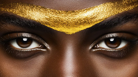 A captivating close-up of a woman's face adorned with golden eyebrow art, emphasizing her stunning brown eyes and flawless skin, perfect for beauty and fashion themes.の素材