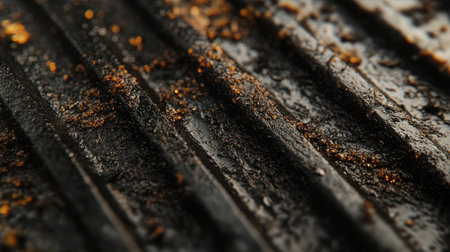 A detailed close-up of a dirty grill surface showcasing charred residue, grime, and texture. Ideal for applications in kitchen cleaning, cooking, or culinary design.の素材