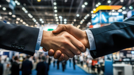 A close-up image of two businessmen shaking hands at a busy networking event, symbolizing collaboration and partnership in a corporate environment filled with activity.の素材