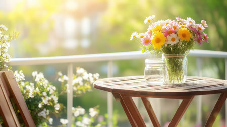 A serene balcony with a wooden table showcasing a vibrant flower arrangement in a jar, surrounded by soft sunlight and lush greenery, ideal for a relaxing outdoor retreat.の素材