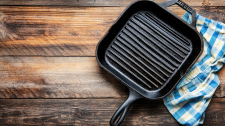 A cast iron grill pan rests on a wooden countertop beside a blue and white checkered towel, providing an inviting setting for food preparation and culinary creativity.の素材