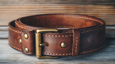 A beautifully crafted brown leather belt featuring a vintage brass buckle, resting elegantly on a wooden surface, ideal for showcasing fashion and accessory styles.の素材