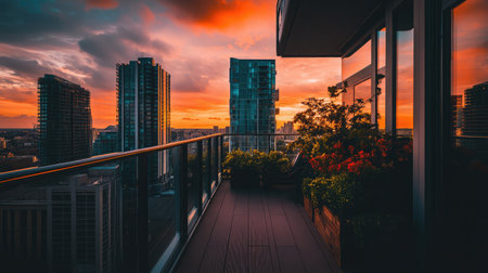 A breathtaking view from a balcony showcasing a vibrant sunset illuminating modern high-rise buildings, adorned with colorful flowers, capturing the essence of urban beauty and tranquility.の素材