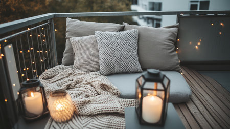 A charming balcony scene featuring soft cushions, warm blankets, and glowing lanterns, perfect for enjoying tranquility and comfort in an urban outdoor space.の素材