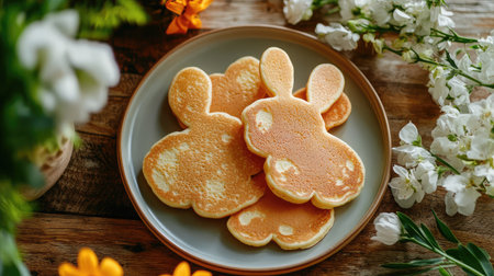 Adorable bunny-shaped pancakes arranged on a plate with fresh flowers, ideal for festive occasions, family gatherings, or cheerful breakfast moments. Perfect for spring celebrations!の素材