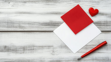 A flat lay image showcasing a red square paper, white envelope, red heart, and pen, all set on a wooden background, ideal for romantic crafts or heartfelt greetings.の素材